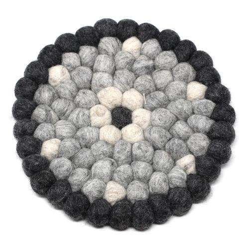 Hand Crafted Felt Ball Trivets from Nepal: Round Flower Design, Black/Grey - Global Groove (T)