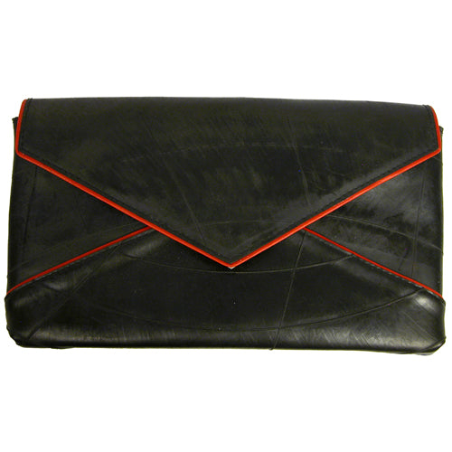 <center>Fedora - Large Clutch that Converts to Shoulder Bag </br>w/ Red Leather Accents and Adjustable Strap</br>Made of Recycled Tire Tube</br>Measures: 12 in. wide x 7 in. high x 1-1/2 in. deep.</center>