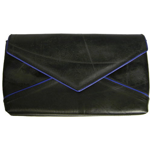 <center>Fedora - Large Clutch that Converts to Shoulder Bag </br>w/ Blue Leather Accents and Adjustable Strap</br>Made of Recycled Tire Tube</br>Measures: 12 in. wide x 7 in. high x 1-1/2 in. deep.</center>