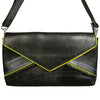 <center>Fedora - Large Clutch that Converts to Shoulder Bag </br>w/ Yellow Leather Accents and Adjustable Strap</br>Made of Recycled Tire Tube</br>Measures: 12 in. wide x 7 in. high x 1-1/2 in. deep.</center>