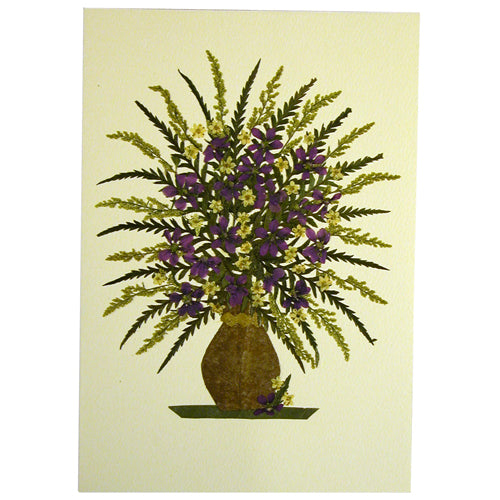 <center>Vase w/ Purple Flowers - Handmade Floral Greeting Card</br>Made by Woman Artisans in El Salvador</br>Measures: 6-7/8 in. tall x 4-3/4 in wide</center>