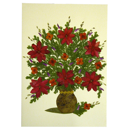 <center>Vase w/ Red Flowers - Handmade Floral Greeting Card</br>Made by Woman Artisans in El Salvador</br>Measures: 6-7/8 in. tall x 4-3/4 in wide</center>