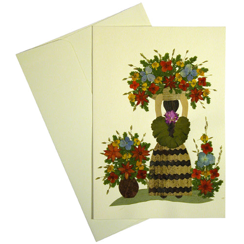 <center>Flower Woman - Handmade Ethnic Floral Greeting Card</br>Made by Woman Artisans in El Salvador</br>Measures: 6-7/8 in. tall x 4-3/4 in wide</center>
