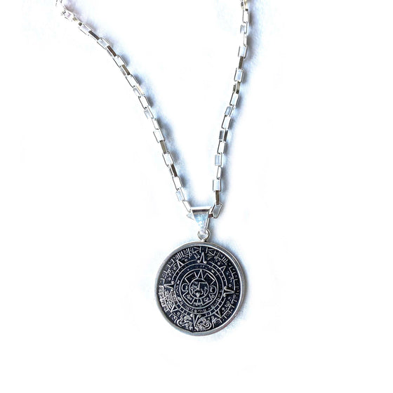 Alpaca Silver Aztec Calendar Pendant with Chain - World Community Exchange