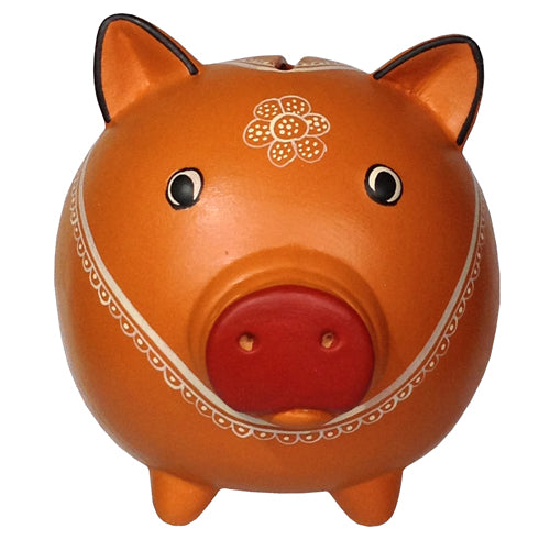 <center>Orange Piggy Bank, crafted by Artisans in Peru </br> Measures 4 5/8” high x 4 5/8” wide x 5” deep</center>