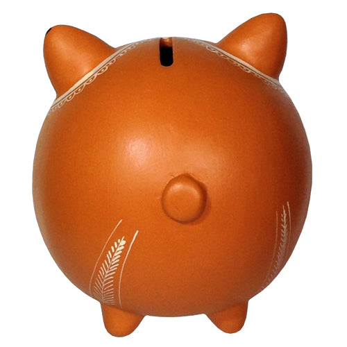 <center>Back of Orange Piggy Bank, crafted by Artisans in Peru </br> Measures 4 5/8” high x 4 5/8” wide x 5” deep</center>