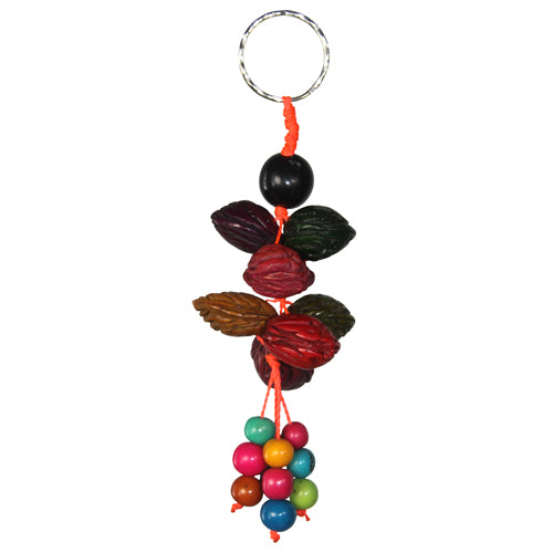 <center>Multi-Colored Peach Pits and Tagua Beads Key Chain<br/>crafted by Artisans in Peru </br> Measures 5-1/2” long x 2” wide x 2'' deep</center>