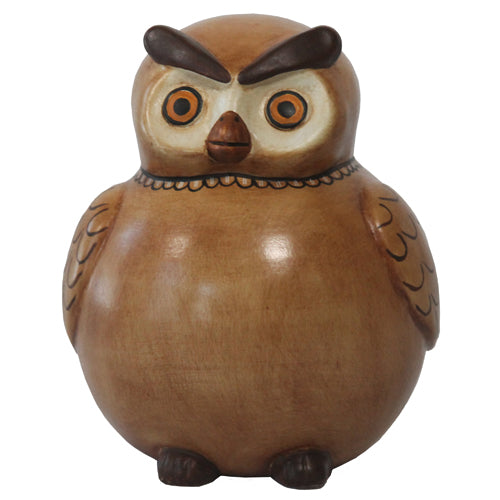 <center>Brown Owl Bank, crafted by Artisans in Peru </br> Measures 5” high x 4-1/4” wide diameter</center> 