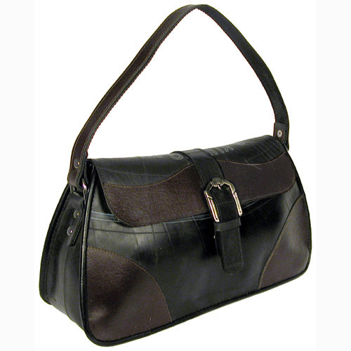 <center>Medium Tire Tube Handbag w/ Buckle Flap and Coffee Accents <br>(Side View)</center>