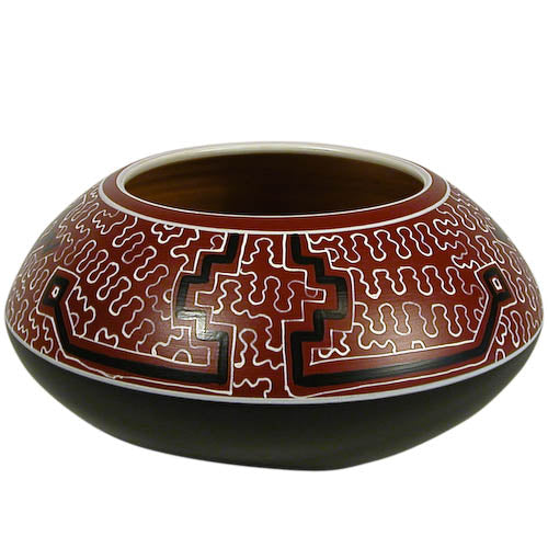 <center>Cherry Shipibo Rounded Pot crafted by Artisans in Peru </br> Measures 5” high x 10” diameter</center>
