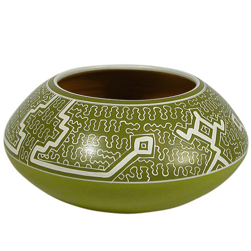 <center>Green Shipibo Rounded Pot crafted by Artisans in Peru </br> Measures 5” high x 10” diameter</center>