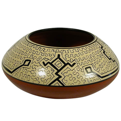 <center>White Shipibo Rounded Pot crafted by Artisans in Peru </br> Measures 5” high x 10” diameter</center>