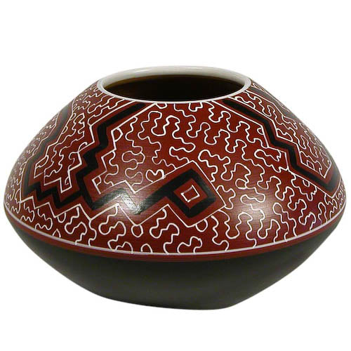 <center>Cherry Shipibo Rounded Pot with Tapered Top<br/>Crafted by Artisans in Peru </br> Measures 5” high x 7-3/4” diameter</center>