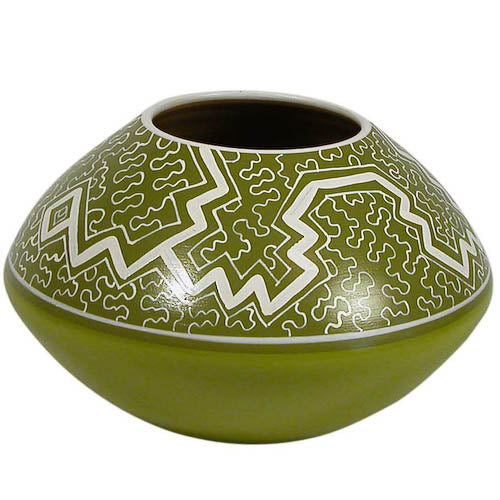 <center>Green Shipibo Rounded Pot with Tapered Top<br/>Crafted by Artisans in Peru </br> Measures 5” high x 7-3/4” diameter</center>