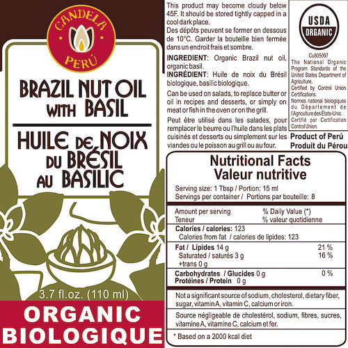<center>USDA Organic Brazil Nut Oil: Basil</br>Available in 8.5 oz. bottles</br>Certified Fair Trade</center>