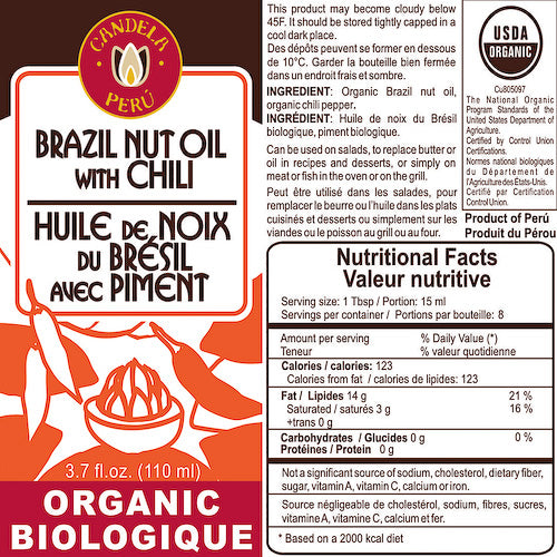 <center>USDA Organic Brazil Nut Oil: Chili</br>Available in 8.5 oz. bottles</br>Certified Fair Trade</center>