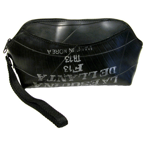<center>Small Recycled Tire Tube Bag w/ Wrist Strap<br>Measures: 9.5" wide x 4.5" high x 2" deep; each is unique.</center>