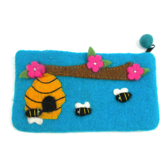 Hand Crafted Felt Pouch from Nepal: 8" x 4.5", Blue Bee - World Community Exchange