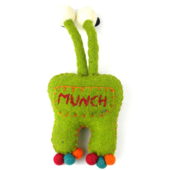 Hand Felted Green Tooth Monster with Bug Eyes - Global Groove