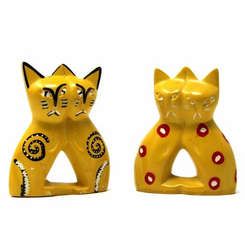 Handcrafted 4-inch Soapstone Love Cats Sculpture in Yellow - Smolart