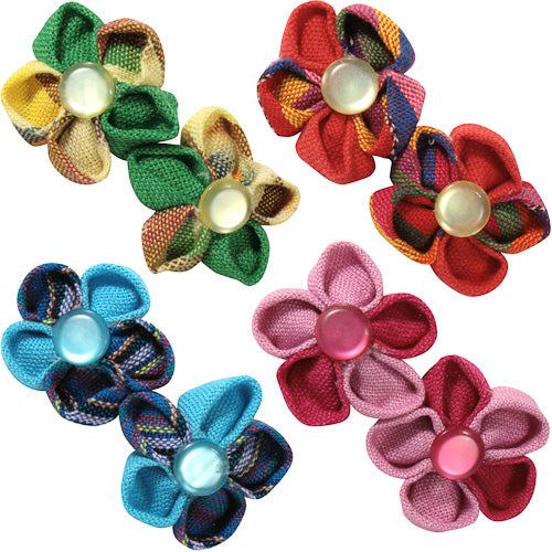 <center>Cotton Berets with Two Flowers </br>Crafted by Artisans in Guatemala </br>Measure 3” high x 1-1/2” wide, with 1-1/2” clip</center>
