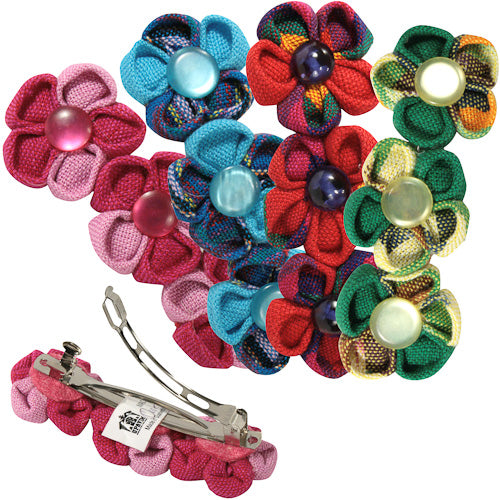 <center>Cotton Berets with Three Flowers </br>Crafted by Artisans in Guatemala </br>Measure 3-3/4” high x 1-1/4” wide, with 2-1/4” clip</center>