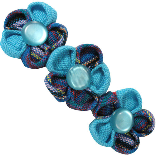 <center>Blue Cotton Beret with Three Flowers </br>Crafted by Artisans in Guatemala </br>Measures 3-3/4” high x 1-1/4” wide, with 2-1/4” clip</center>