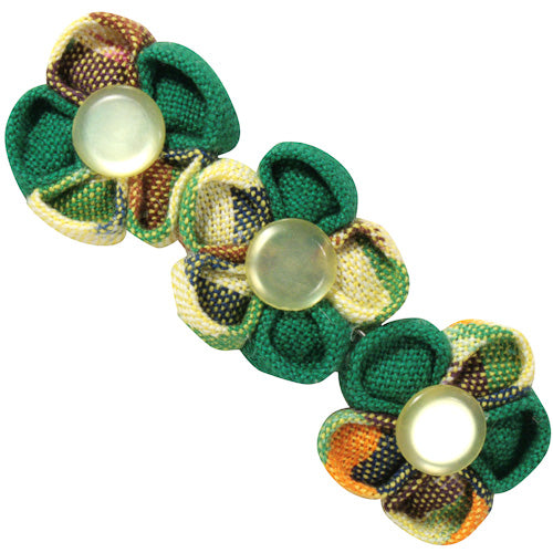 <center>Green Cotton Beret with Three Flowers </br>Crafted by Artisans in Guatemala </br>Measures 3-3/4” high x 1-1/4” wide, with 2-1/4” clip</center>
