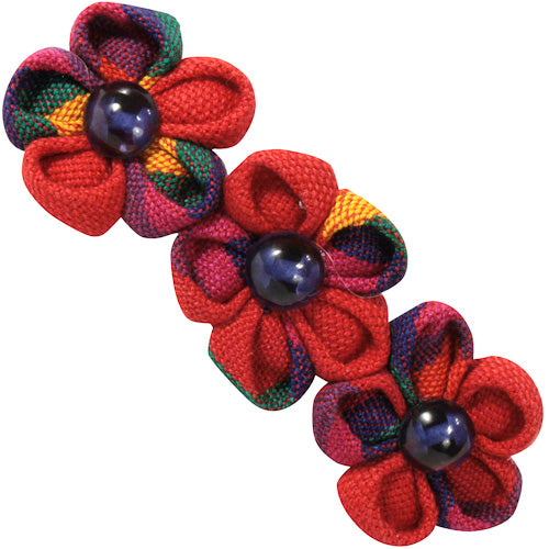 <center>Red Cotton Beret with Three Flowers </br>Crafted by Artisans in Guatemala </br>Measures 3-3/4” high x 1-1/4” wide, with 2-1/4” clip</center>