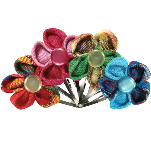 <center>Cotton Flower Hair Clips </br>Crafted by Artisans in Guatemala </br>Measure 1-1/2” high x 1-1/2” wide, with 1” clip</center> 