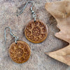 Apricot Wood Earrings, Hand Carved in Tajikistan, Round Floral Pattern, Surgical Steel Wires