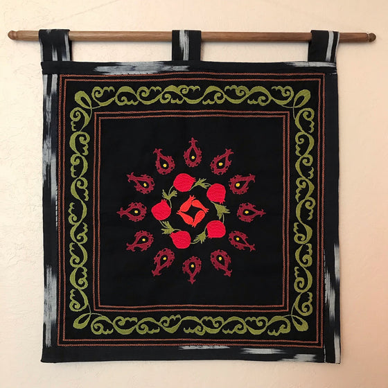 Suzani Hand Embroidered Decorative Tapestry "Anor" (Pomegranate) - Black and Red-Fair Trade - World Community Exchange