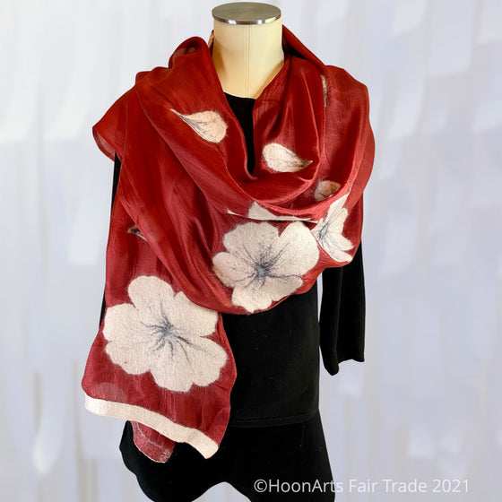 Handmade Felted Scarf from Kyrgyzstan-Alumni White Poppies on Red Silk, Short | HoonArts