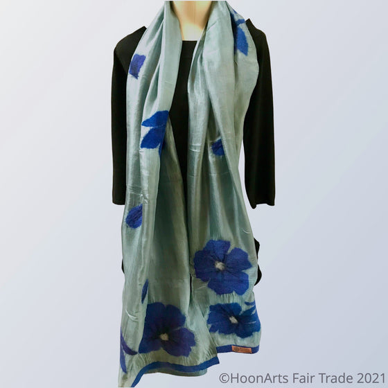 Handmade Felted Scarf from Kyrgyzstan-Periwinkle Blue Poppies on Light Grey Silk   | HoonArts