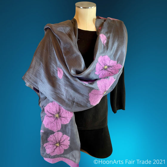 Purple Felted Poppies on Charcoal Grey Silk from Seven Sisters of Kyrgyzstan - Extra Long 