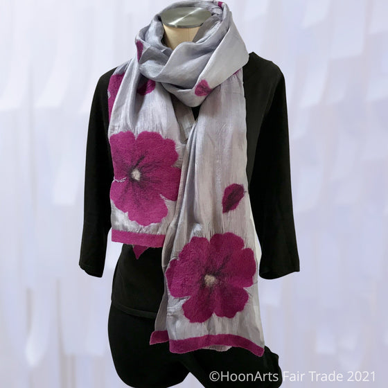 Kyrgyz Silk and Felted Scarf, Purple Flowers on Grey - World Community Exchange