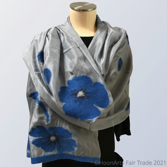 Kyrgyz Silk and Felted Scarf, Blue Poppies on Light Grey - World Community Exchange