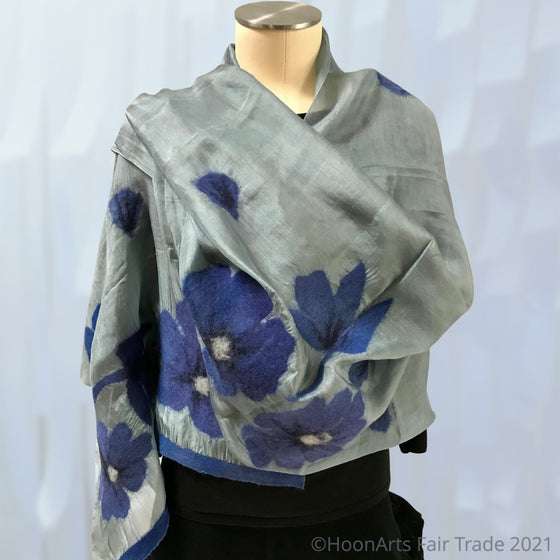 Handmade Felted Scarf from Kyrgyzstan-Periwinkle Blue Poppies on Light Grey Silk  | HoonArts