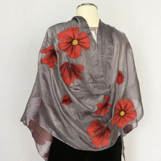 Kyrgyz Felted Silk Scarf-Red Poppies on Light Grey, Back View