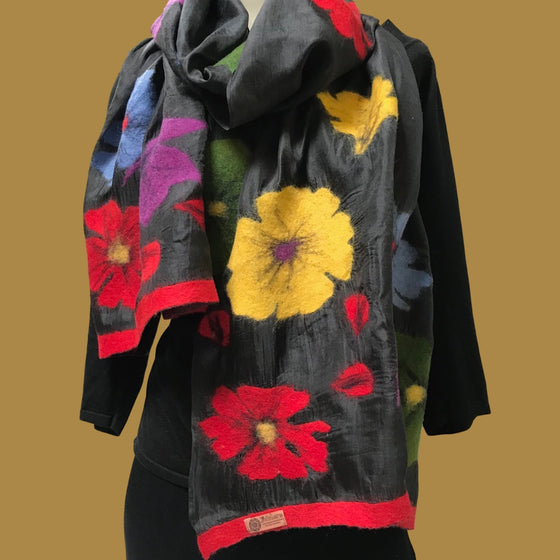Multi-Colored Felted Poppies on Black Silk Scarf from Kyrgyzstan