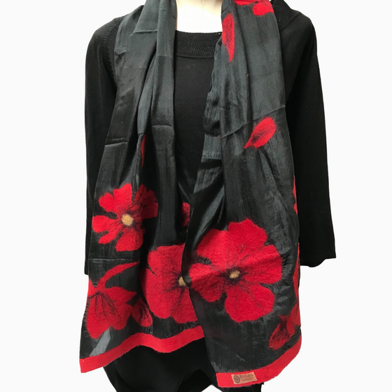 Red Felted Poppies on Black Silk Scarf-Short