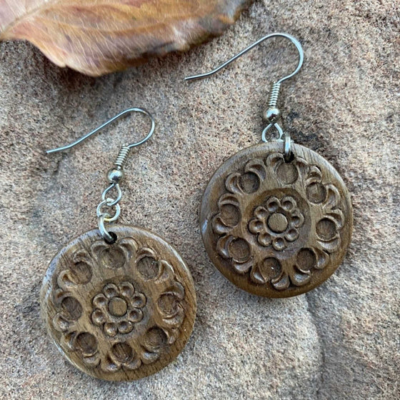 Hand Carved Wooden Earrings-Round - World Community Exchange