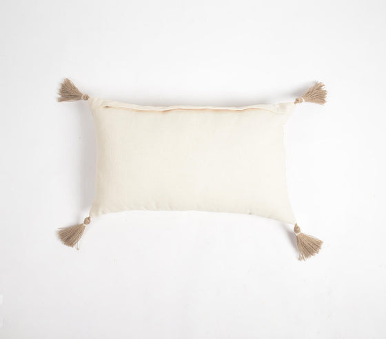 Neutral Embroidered & tasseled Lumbar Cushion Cover