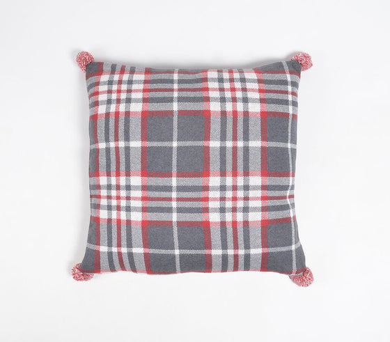 Knitted Cotton Plaid Cushion Cover with Pom-pom Tassels