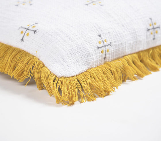Embroidered Cotton Fringed Lumbar Cushion Cover