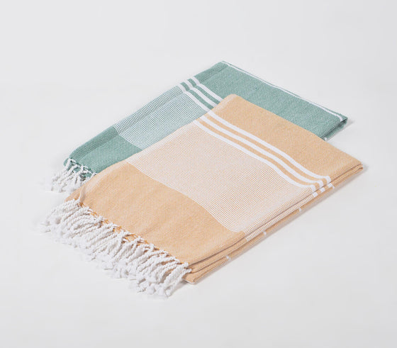 Handwoven Cotton striped Sage & yellow Bath Towels (Set Of 2)
