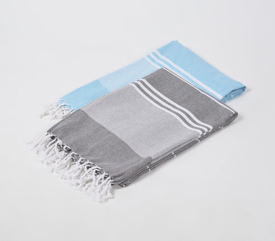Handwoven Cotton striped Sky & Ash Bath Towels (Set Of 2)