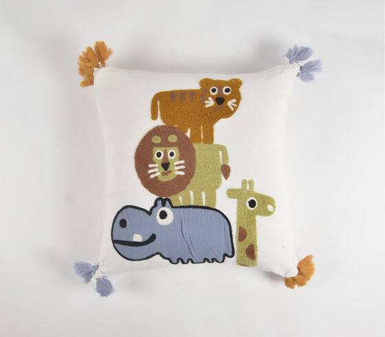 Animal Kingdom Embroidered & Tasseled Cushion Cover