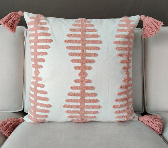 Coral Embroidered Tasseled Cushion Cover