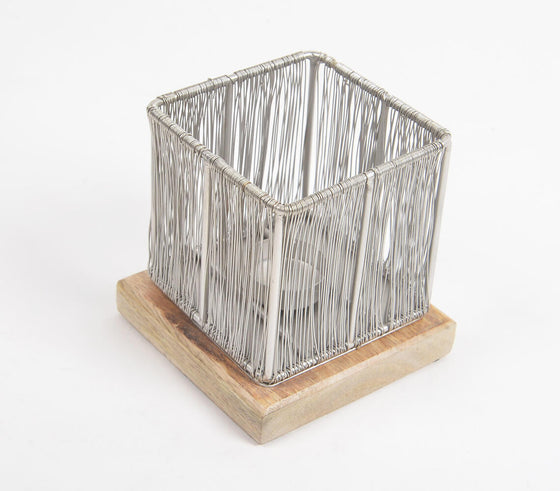 Silver-toned Iron Wire Tea Light Holder with Wooden Base